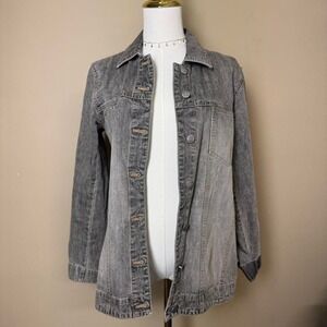 Chico's Size 0 Grey Black Washed Denim Grunge Jacket Y2K Layering Alt Emo